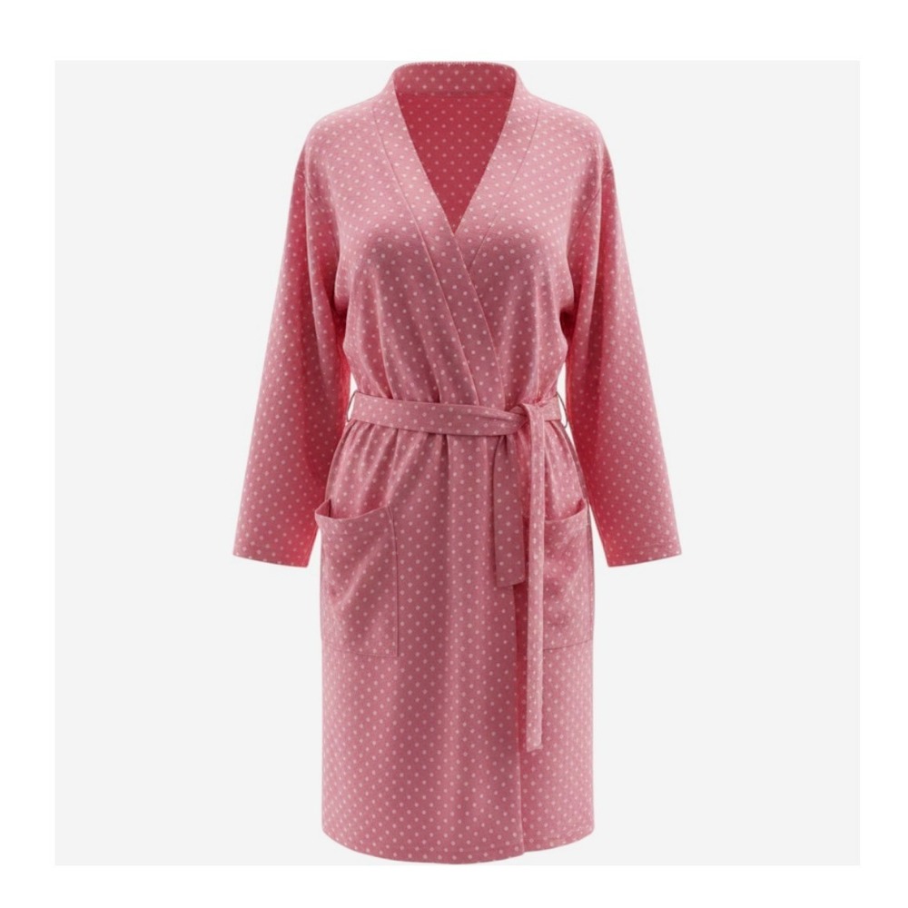 Laura Scott Polka Dot Robe Women L Pink White Belted Pockets 3/4 Sleeve